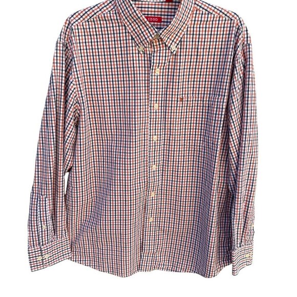 Izod Mens Long Sleeve Button Up Red/Navy/White Plaid Cotton Classic Fit Shirt L - Picture 1 of 10